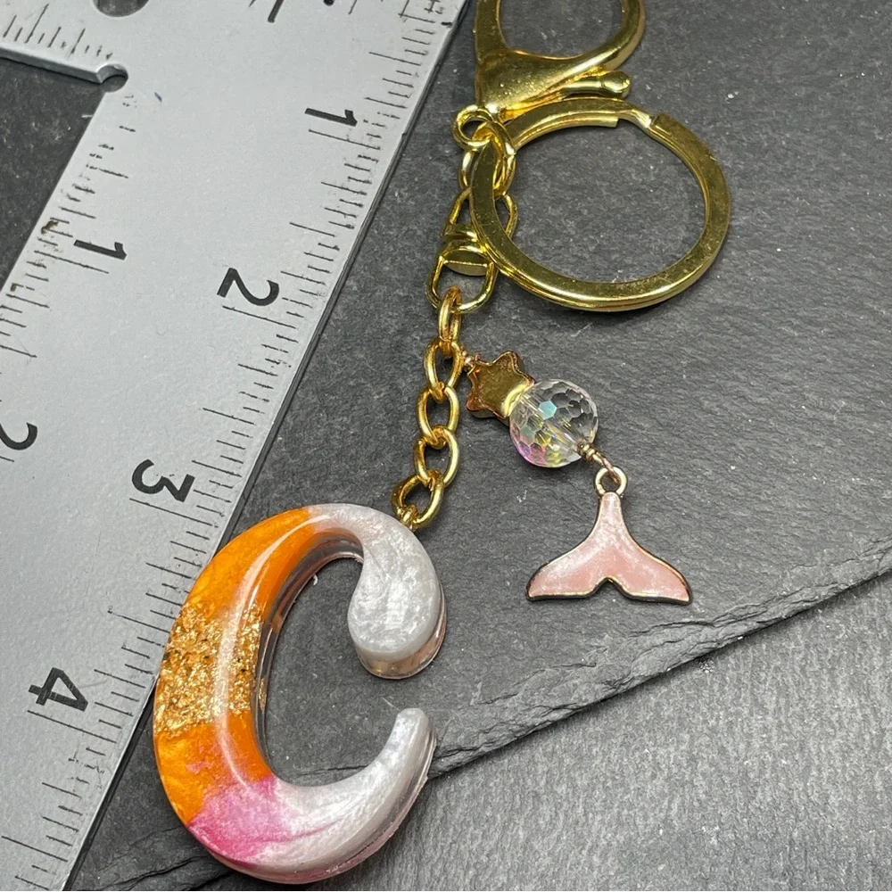 Custom Orange, Pink and Cream Letter “C” Keychain With Gold Foil Inlay